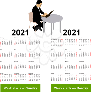 Stylish calendar with silhouette man sitting behind computer for 2021.