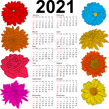 Stylish calendar with flowers for 2021. Week Sundays first.