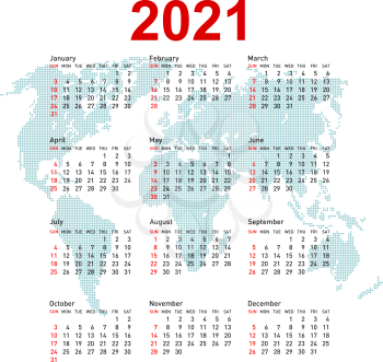 Calendar 2021 with world map. Week starts on Sunday.