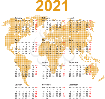 Calendar 2021 with world map. Week starts on Monday.