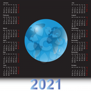 Calendar 2021 with a globe on the black sky.