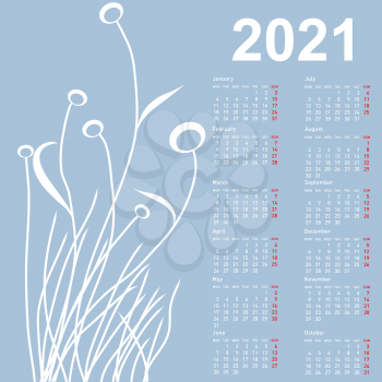 Stylish calendar with flowers for 2021. Week starts on Monday.