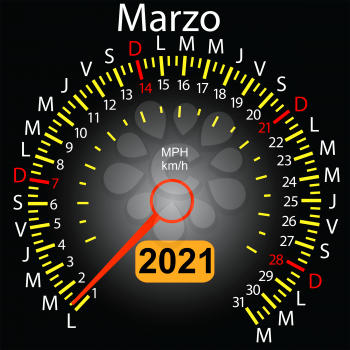 2021 year calendar speedometer car in Spanish March.