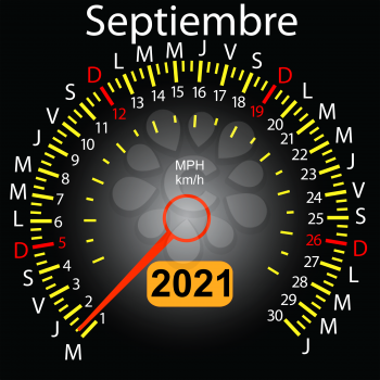 2021 year calendar speedometer car in Spanish September.