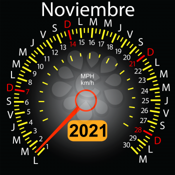 2021 year calendar speedometer car in Spanish November.