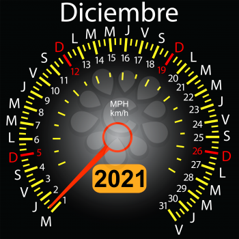 2021 year calendar speedometer car in Spanish December.