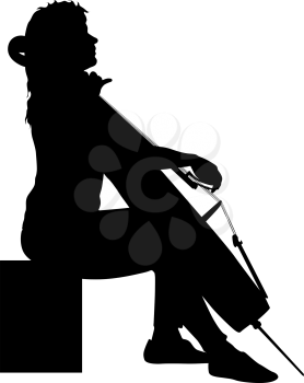 Silhouettes a musician playing the cello on a white background.