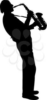 Silhouette of musician playing the saxophone on a white background.