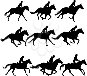 Set silhouette of horse and jockey on white background.