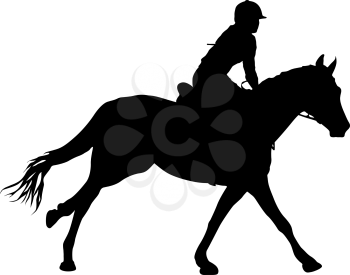 Silhouette of horse and jockey on white background.