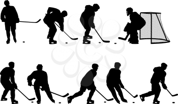 Set of silhouettes of hockey player on white background.