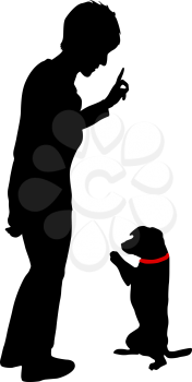 Silhouette of woman and Dog sitting on its hind legs on a white background.