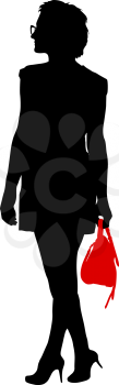 Black silhouette woman standing with a handbag, people on white background.