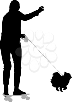 Silhouette of woman and dog on a white background.