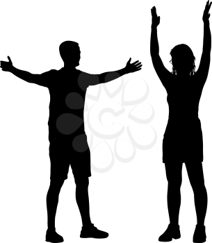Black silhouettes men and women with arm raised on a white background.