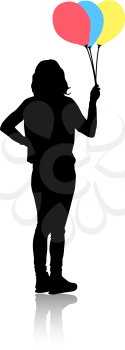 Silhouette of a girl with balloons in hand on a white background.