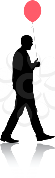 Silhouette of a men with balloons in hand on a white background.
