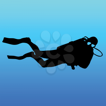 Black silhouette scuba divers on blue background.