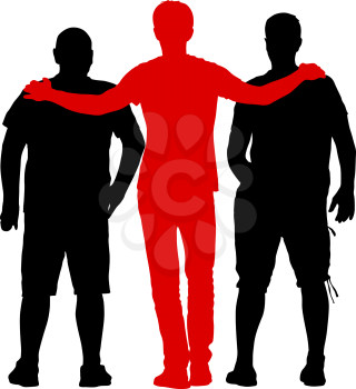 Black silhouette three men stand embracing on white background.