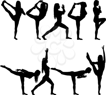Set silhouette girl on yoga class in pose on a white background.