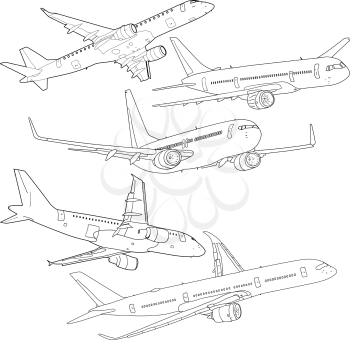 Set silhouette passenger aircraft on a white background.