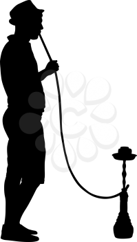 Silhouette of a man smoking a hookah standing beside him.
