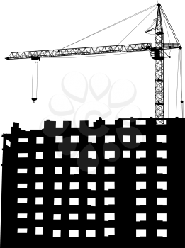 Silhouettes of crane on building on a white background.