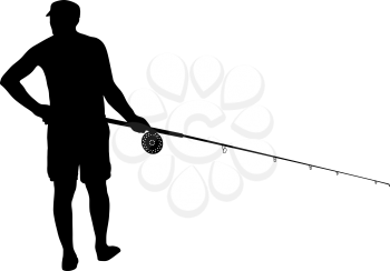 Fisherman and fishing rod isolated on white background.