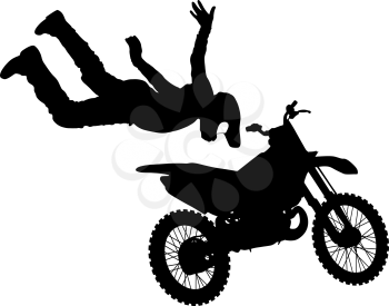 Silhouette of motorcycle rider performing trick on white background.
