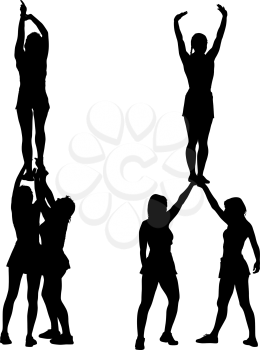 Black silhouette acrobats show stand on hand a white background.