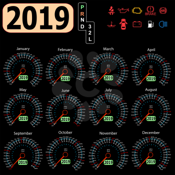 Calendar 2019 year from the car dashboard speedometer.
