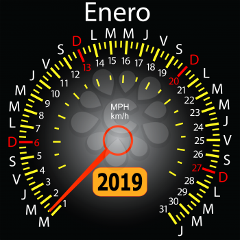 2019 year calendar speedometer car in Spanish January.