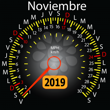 2019 year calendar speedometer car in Spanish November.