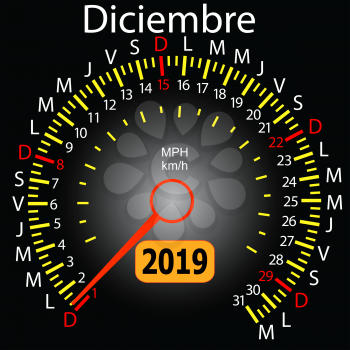 2019 year calendar speedometer car in Spanish December.