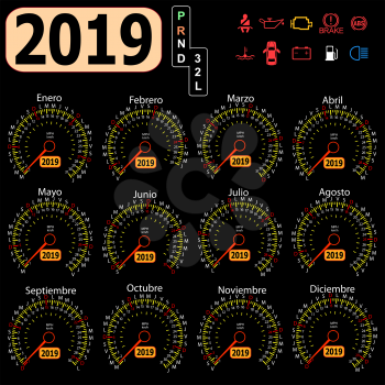 2019 year a calendar speedometer car in Spanish.