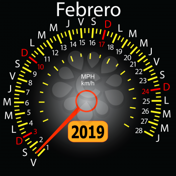 2019 year calendar speedometer car in Spanish February.