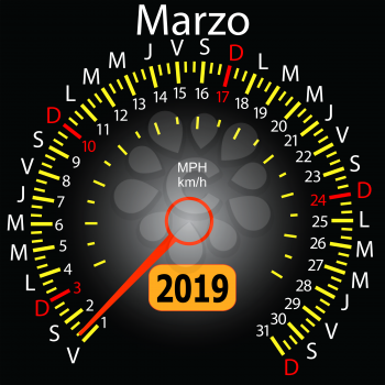 2019 year calendar speedometer car in Spanish March.