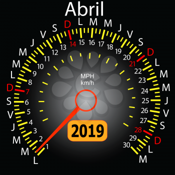 2019 year calendar speedometer car in Spanish April.
