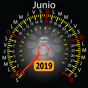 2019 year calendar speedometer car in Spanish June.