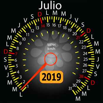 2019 year calendar speedometer car in Spanish July.