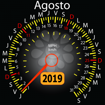 2019 year calendar speedometer car in Spanish August.