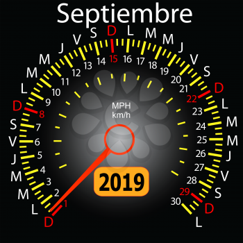 2019 year calendar speedometer car in Spanish September.