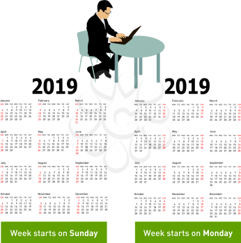 Stylish calendar with silhouette man sitting behind computer for 2019.