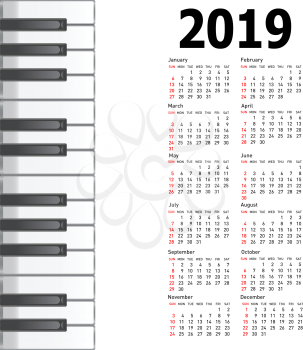 New calendar 2019 with a musical background piano keys.