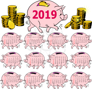 Stylish calendar Pig piggy bank for 2019 Sundays first