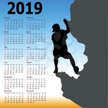 Stylish calendar with silhouette rock climber on against the blue sky for 2019.