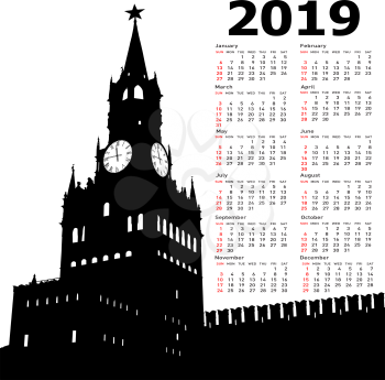 Stylish calendar with Moscow, Russia, Kremlin Spasskaya Tower with clock for 2019.