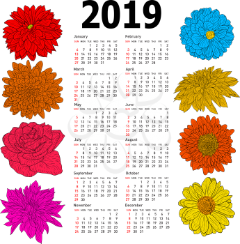 Stylish calendar with flowers for 2019. Week Sundays first.