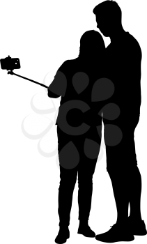 Silhouettes man and woman taking selfie with smartphone on white background.