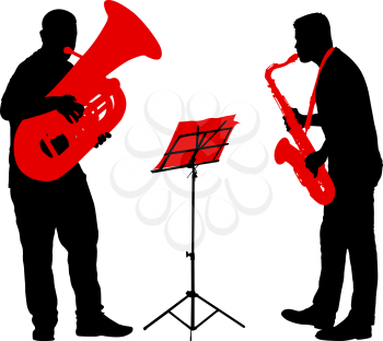 Silhouette of musician playing the saxophone and tuba on a white background.